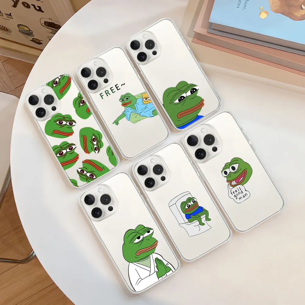 Sad P-Pepe Frog Funny Phone Case for iPhone 11 12 13 14 15 16 Max Pro Plus Transparent Soft Shell