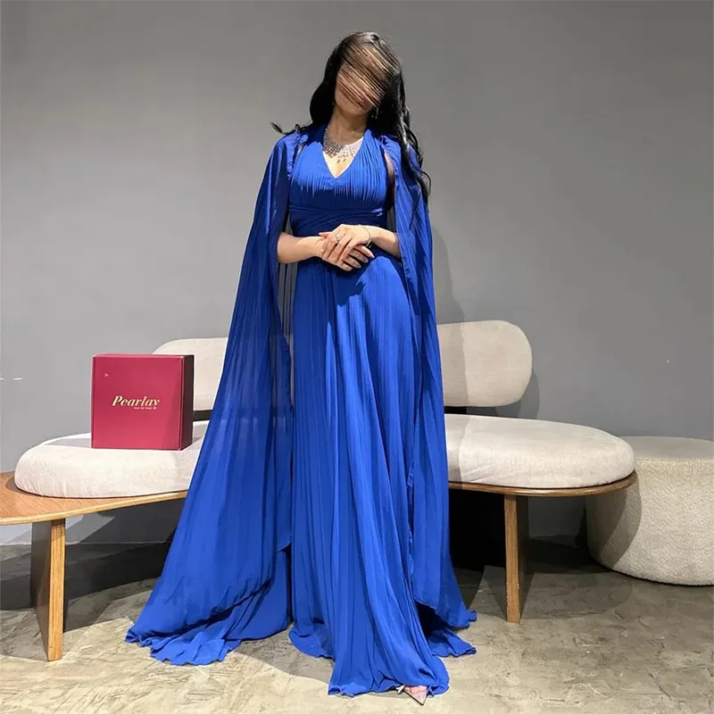 Elegant Royal Blue Chiffon Evening Dresses A-Line V-Neck Pleated Muslim Floor Length Prom Dresses for Women