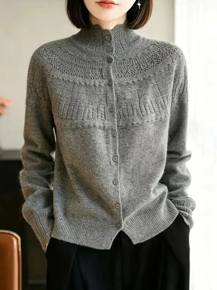 Soft Wind Knitted Hollow out Woolen Cardigan Women's Loose Fit Slimming Open Front Sweater Autumn Winter Versatile French Style