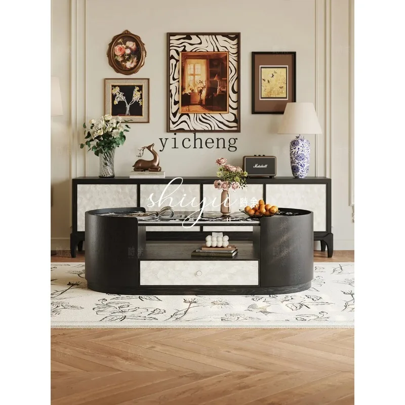 Table basse ovale antique et meuble TV combinés, ambiance haut de gamme créative, table basse noire D25