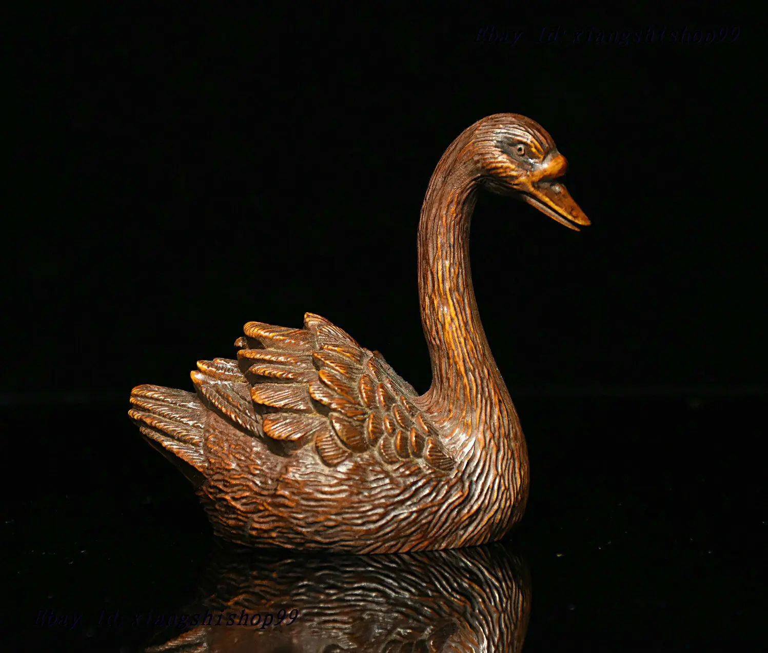 Chinese Folk Collect Boxwood wood FengShui Carve swan goose animal Statue