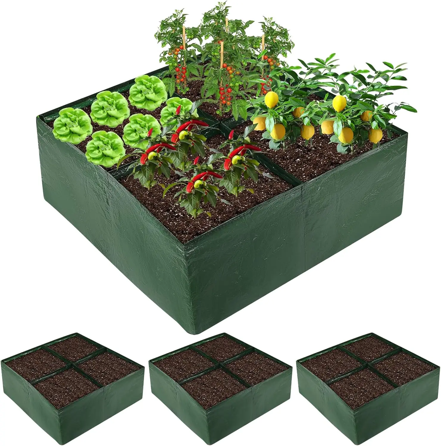 

3 Pack Plastic Raised Garden Bed, 4 Grids Square Grow Bags for Vegetables Herbs Flowers with Drainage Holes, Durable Planter Box