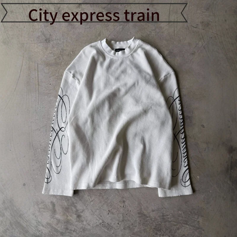 

Американские ретро-брюки в уличном стиле с вышивкой букв, свободные, повседневные, для путешествий, и футболки с круглым вырезом и длинными рукавами