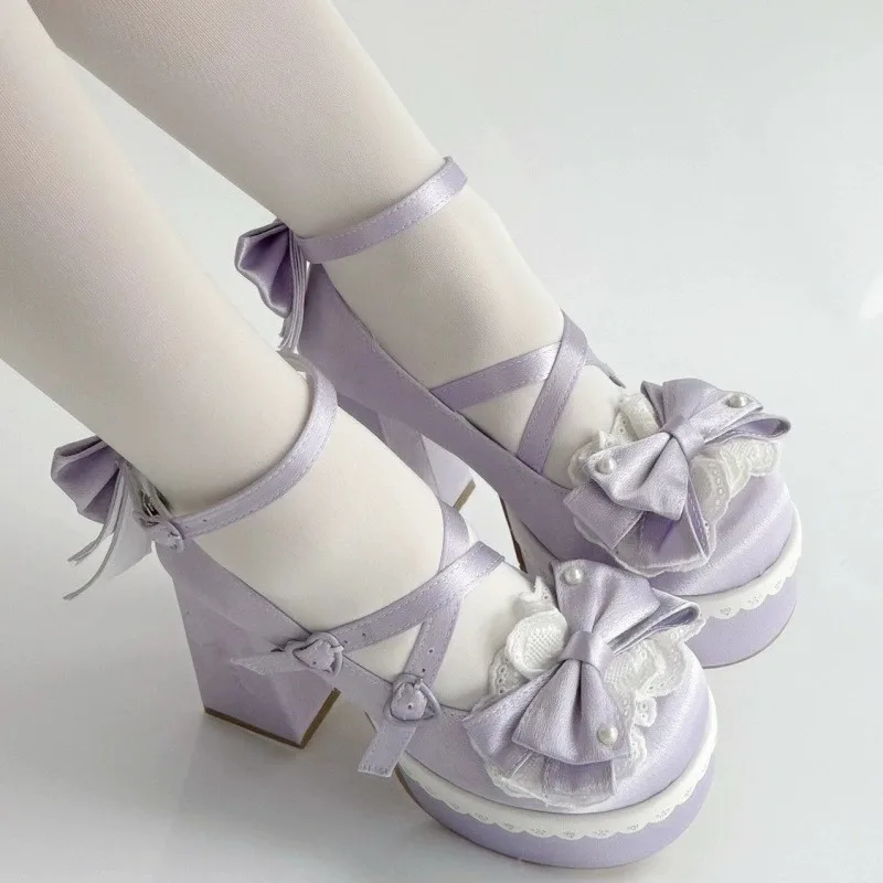 

Sweet Cute Bowknots Lolita High Heels Lace Heart Bow Ankle Strap Platform Mary Janes Shoes for Women Preppy Style Princess Shoes
