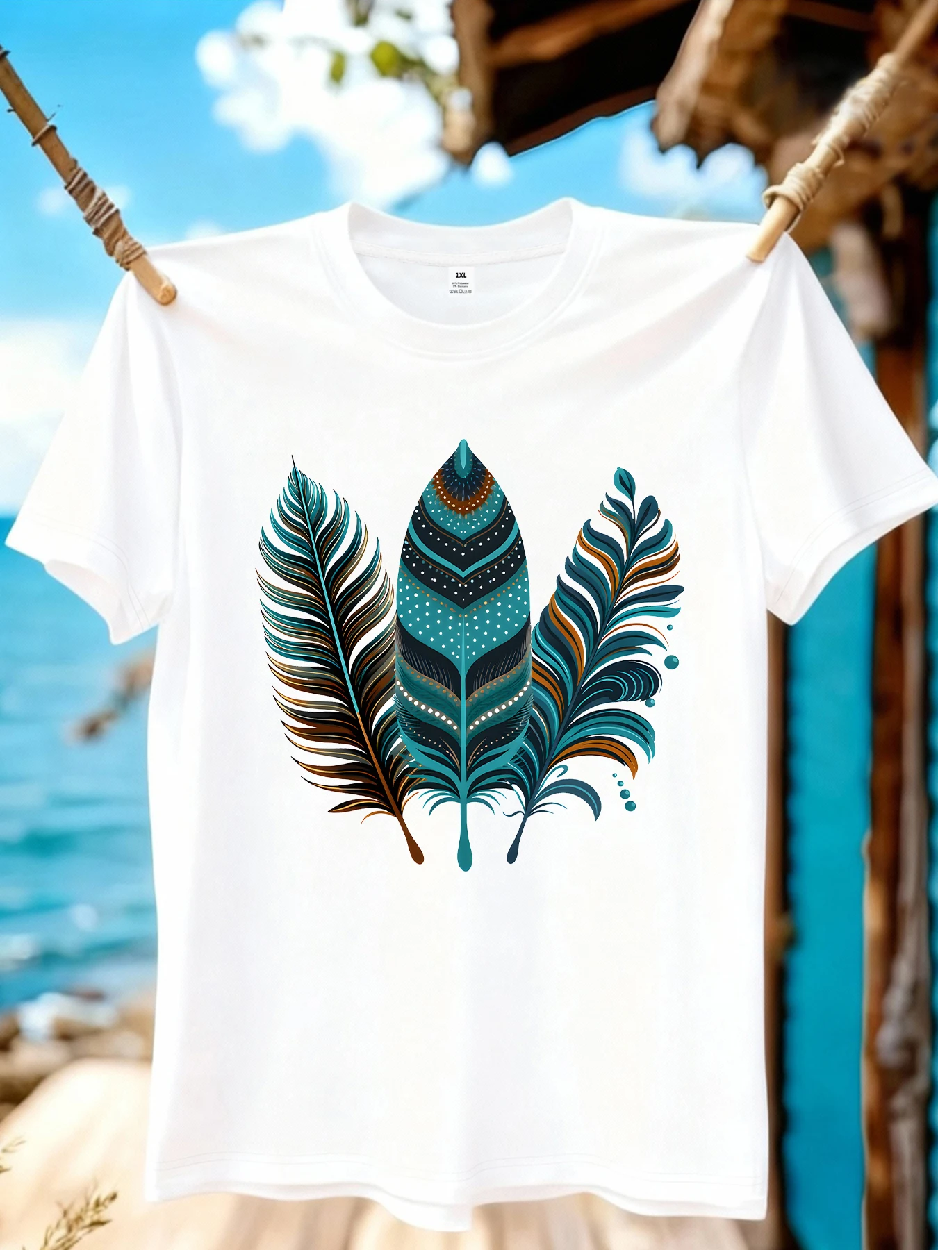 

【WZM10967】Женская футболка больших размеров с круглым вырезом и принтом из трех перьев, летняя, повседневная, с короткими рукавами, в уличном стиле, универсальная.