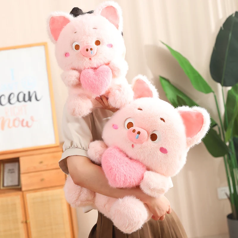 Love Pig Plush Toys Pretty Fluffy Pulling Thread Toys Pig Doll Holding Love Heart Adorable Cartoon Animal Plush Toys