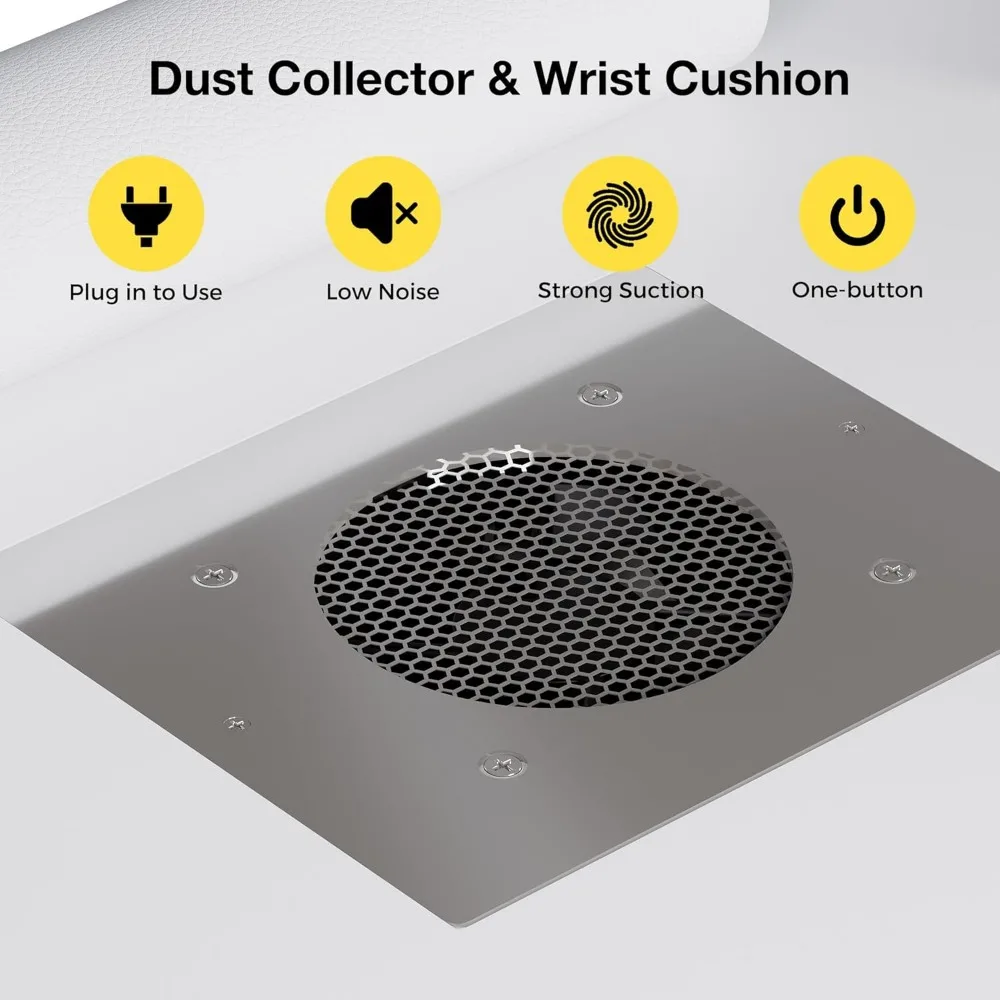 Nagelstudio-Arbeitsplatz mit Staubsammler, Handgelenkstütze, Schubladen und Schrank in Weiß, acrylbeständig