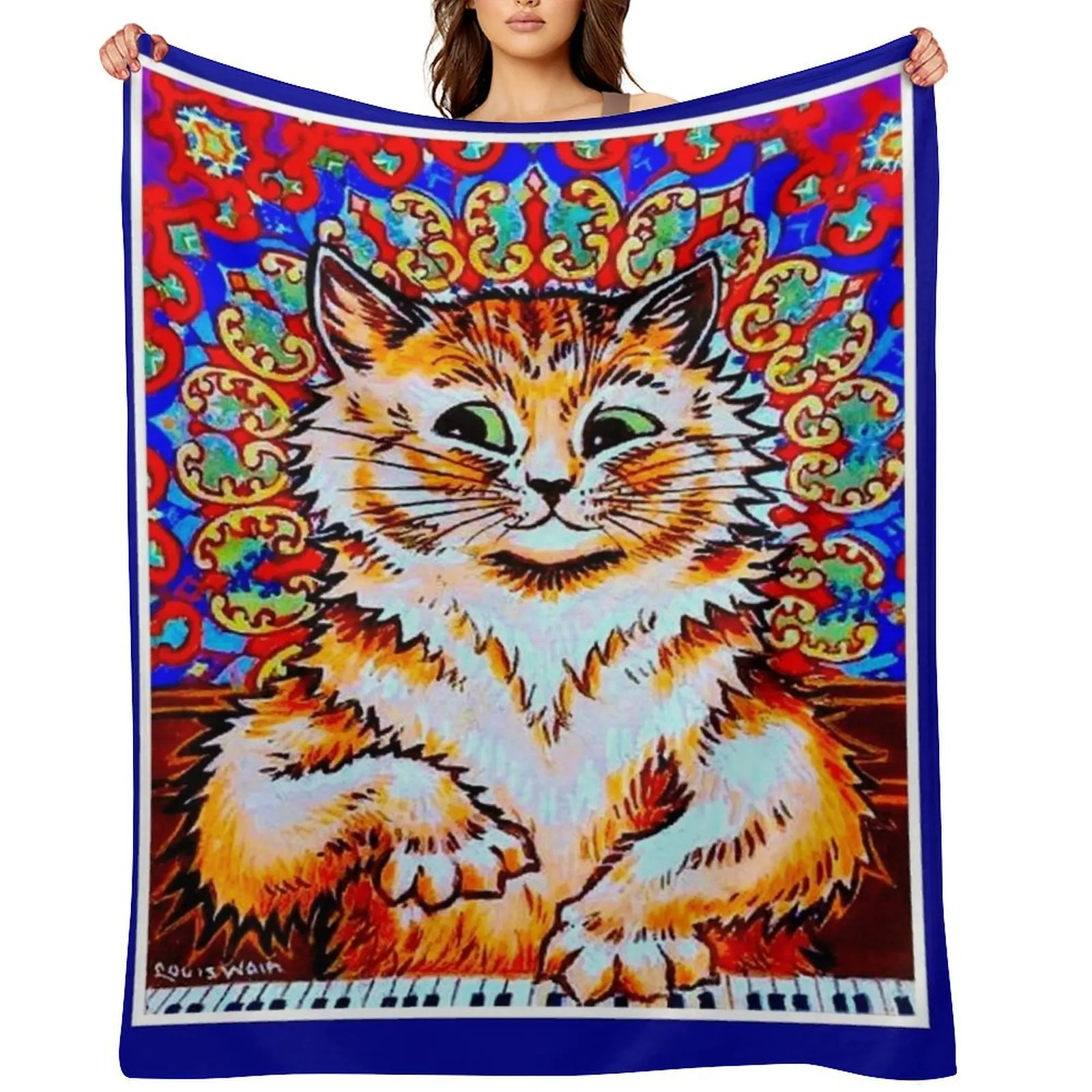 

CAT PLAYING A PIANO : Vintage Psychedelic Abstract Louis Wain Print Throw Blanket funny gift Soft Beds Blankets