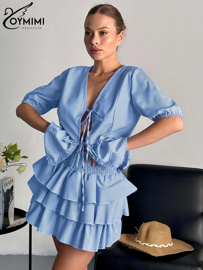 

Oymimi Fashion Blue Print 2 Piece Sets Women Outfit Elegant Short Sleeve Lace-Up Shirts + High Waist Cascading Ruffle Skirts Set