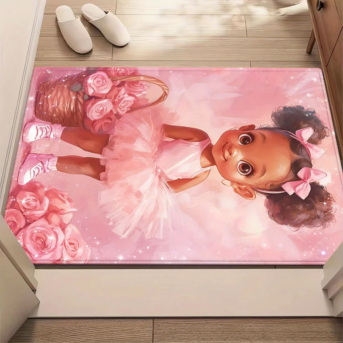 Cute Ballerina Girl Doormat, Pink Tutu Entrance Rug, Roses Floor Mat, Non-slip Kids Room Carpet, Nursery Bedroom Decor