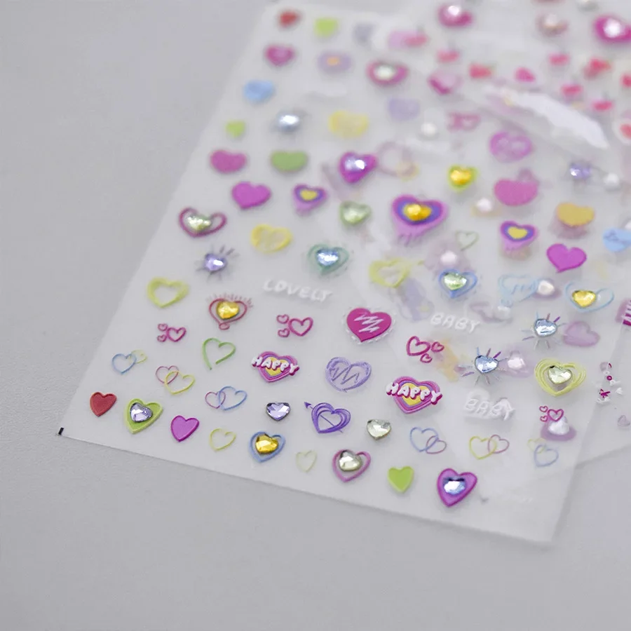 Colorful Rhinestone Love Peach Heart Line Crystal Baby 5D Soft Embossed Relief Self Adhesive Nail Art Sticker 3D Manicure Decal