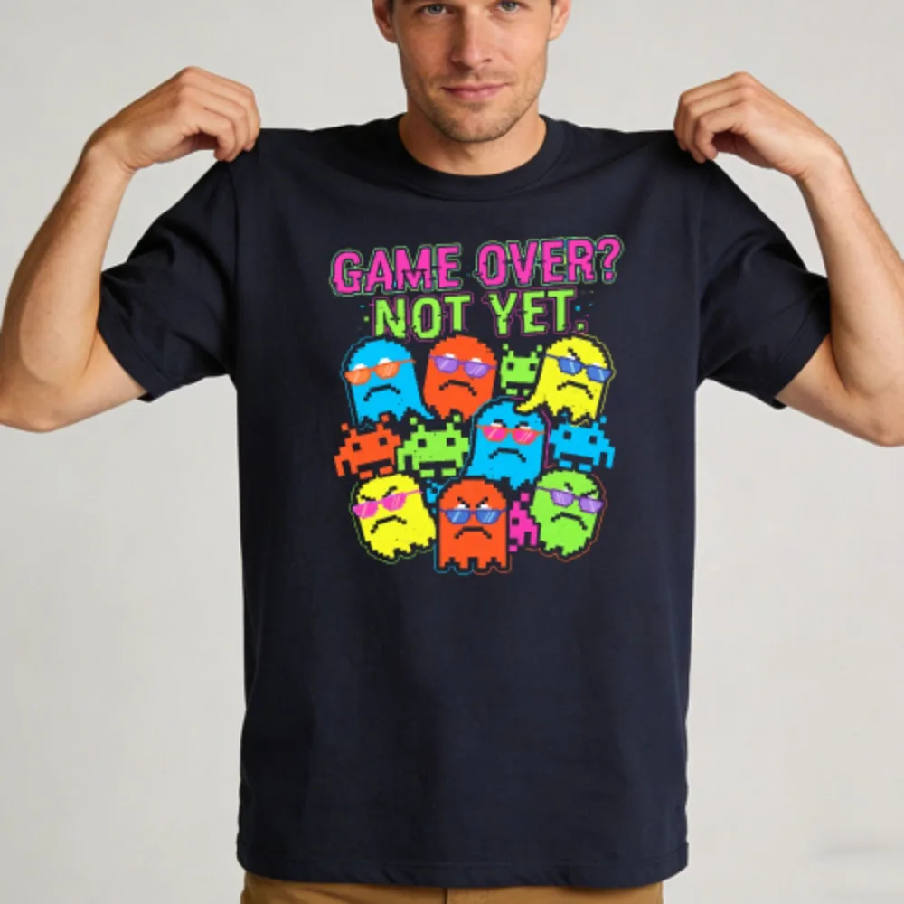Game Over Not Yet Funny Retro Pixel Arcade Ghosts Nostalgic 80s Gaming Meme Casual Cotton Crew Neck Graphic Short Sleeve T-Shirt