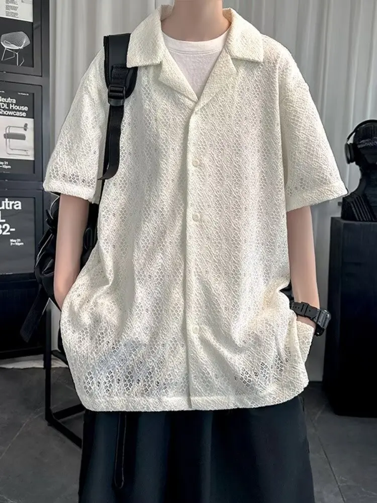 

American Retro Design Cuba Collar Hollow out ort Sve irt Loose Fit Summer Thin Sle Hong Kong Sle irt for Men And...