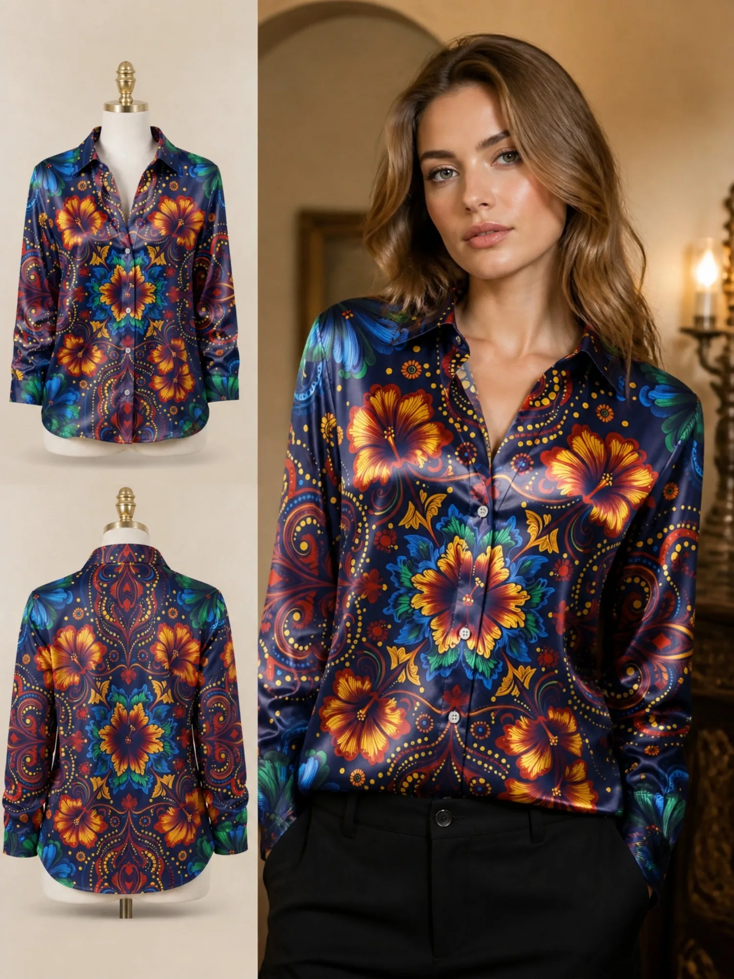 

Navy Boho Floral Satin Blouse for Women Long Sleeve Button Down Shirt Party Vacation Elegant Top