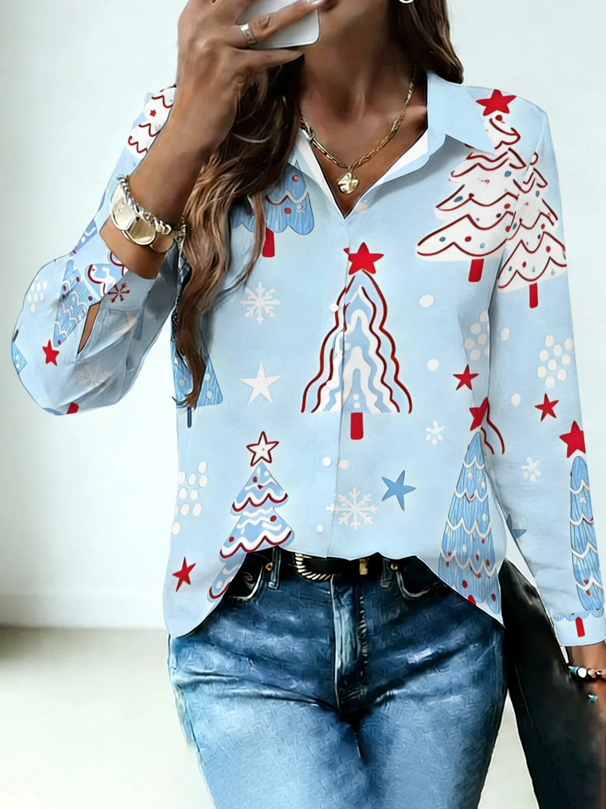 Sweet Christmas Tree Womens Collared Shirt Light Blue Base Multi Cartoon Xmas Tree Snowflake Star Allover Print Long Sleeve Dati