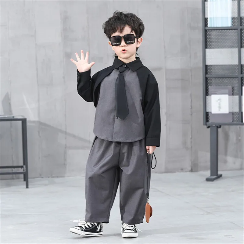 2025 Gray Spring Autumn Cotton Sportswear Suit Tracksuits Outfits Children Clothin Boys Blouse +Pants Kids Suits Cotton 2PCS/Set