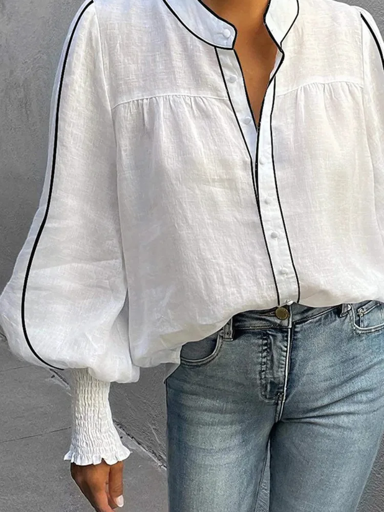 Yeezzi Dames Pofmouwen Opstaande Kraag Blouses 2025, Nieuwe Mode Contrast Kleur Losse Single-breasted Koreaanse Stijl Shirts Tops