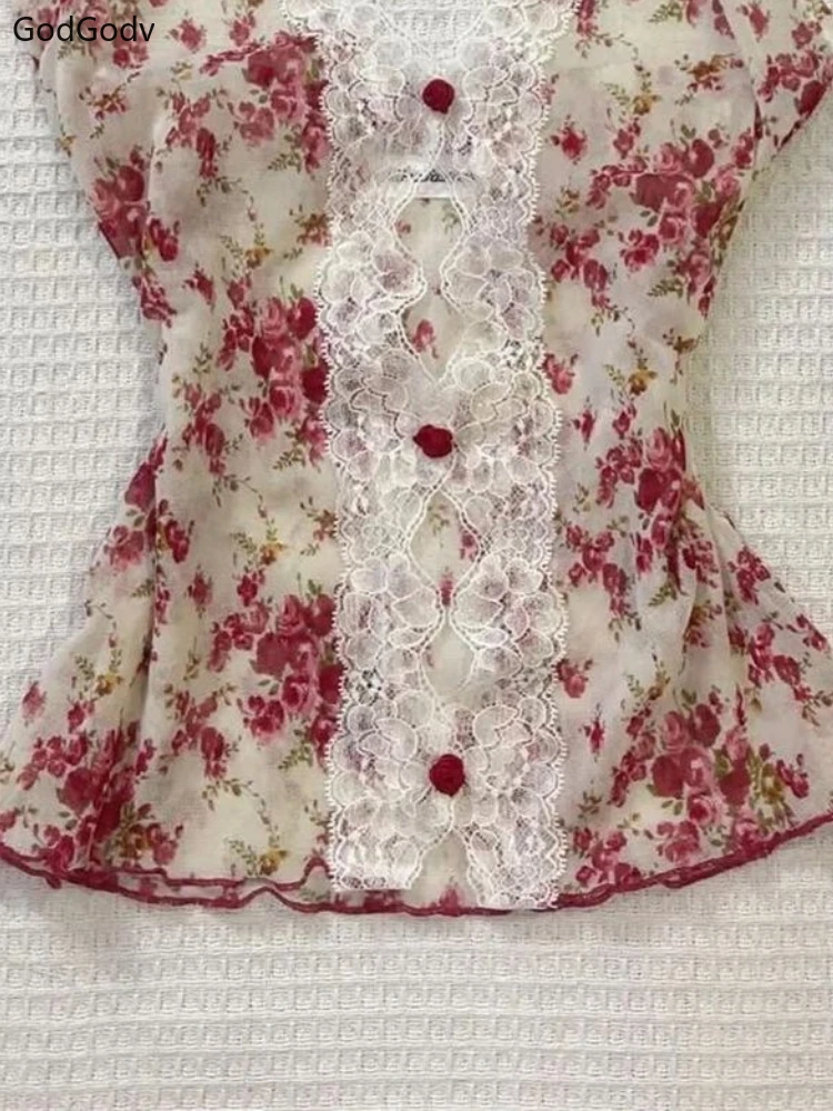 2025 Summer Woman Floral Halter Lace Blouse 2025 Vintage Sexy Slim Fit Fairy Korean Fashion Female Tops Outfits Elegant Style image 5