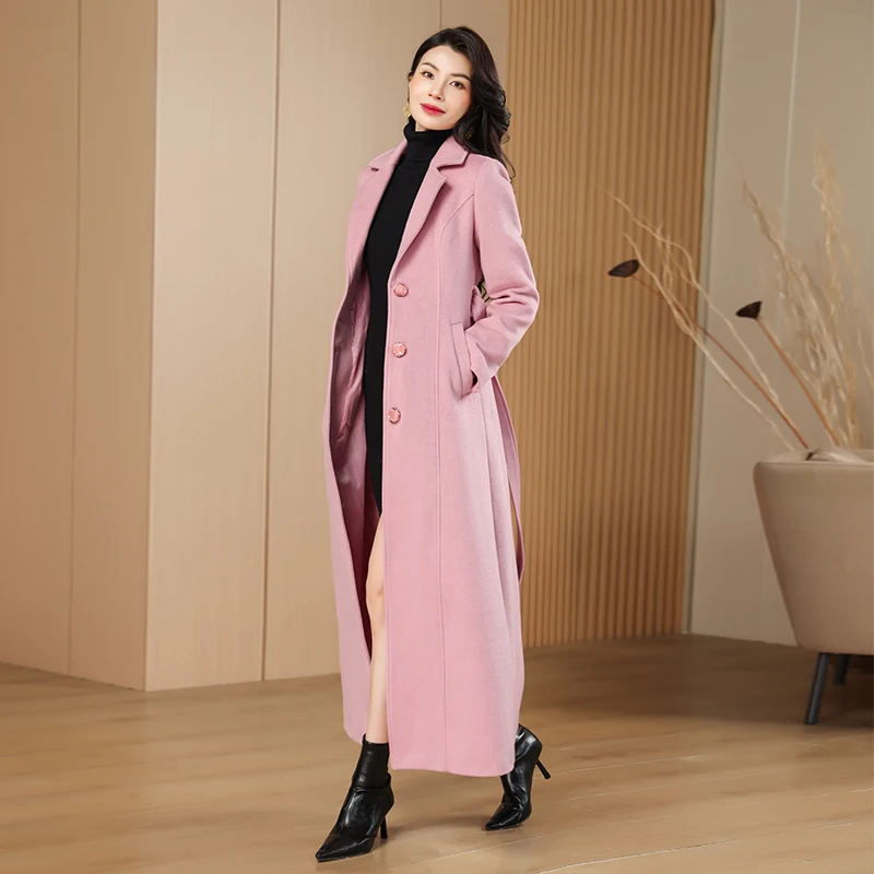 

Pink Single-Button Long Woolen Coat Casual Versatile Slimming Autumn Winter Tweed Jacket 2025 Fashion Trend 080
