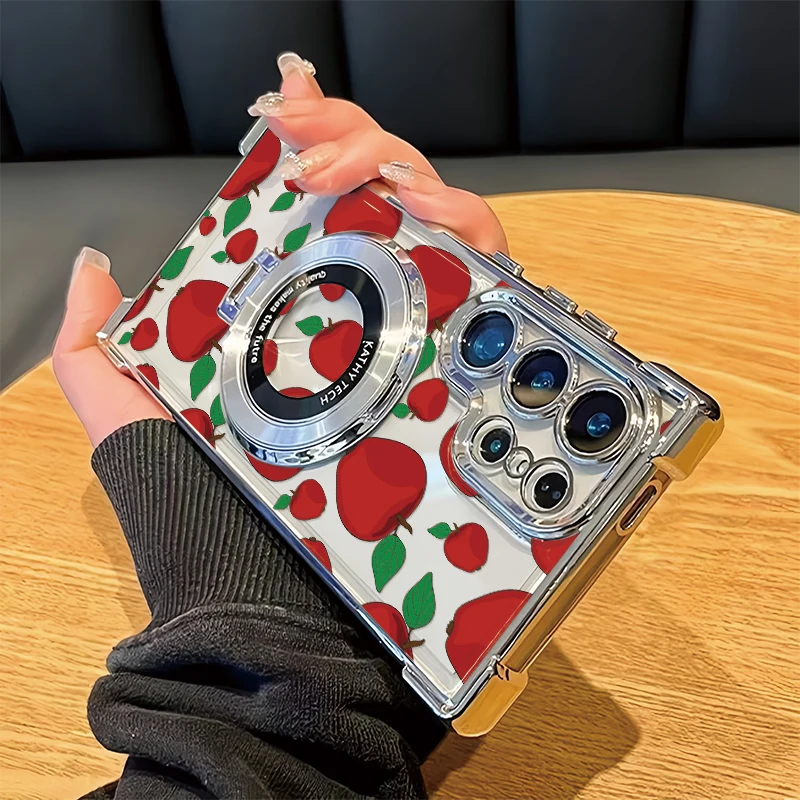 Fruit Pattern Phone Case For Samsung Galaxy S23 Ultra S20 FE S22+ 5G S21 Plus Soft Plating Silicone Stand Holder Clear Cover