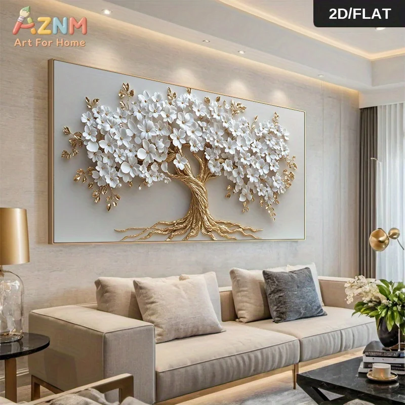 AZNM Golden Tree of Life Canvas Wall Art White Flower Modern Abstract Painting for Living Room Home Decor No Frame