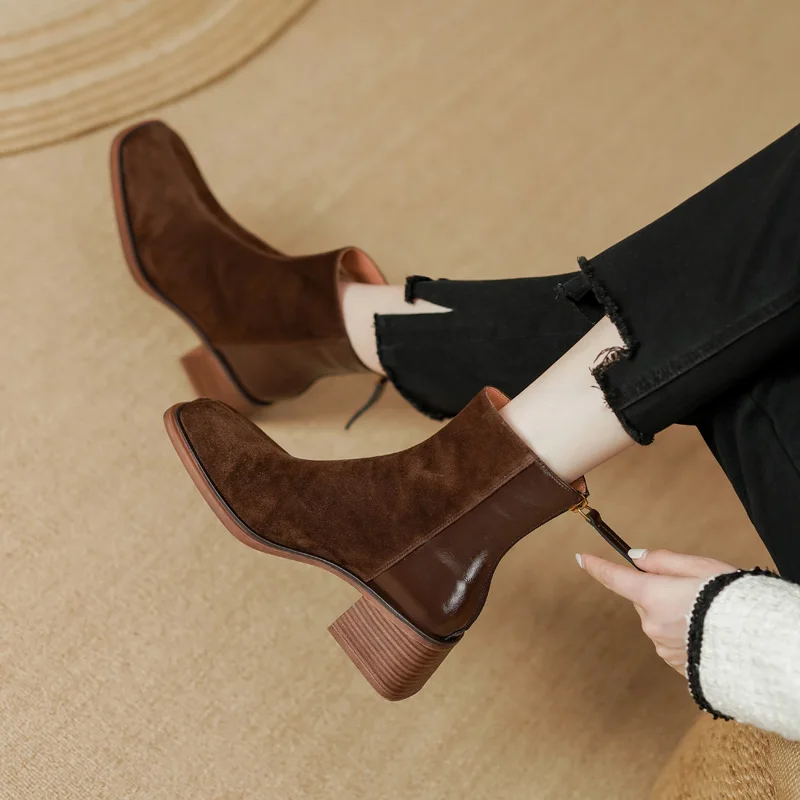 Women Nature Suede Ankle Boots SmallHut New Autumn Winter Black Brown High Square Heels Boot Fashion Round Toe Patchwork Shoes