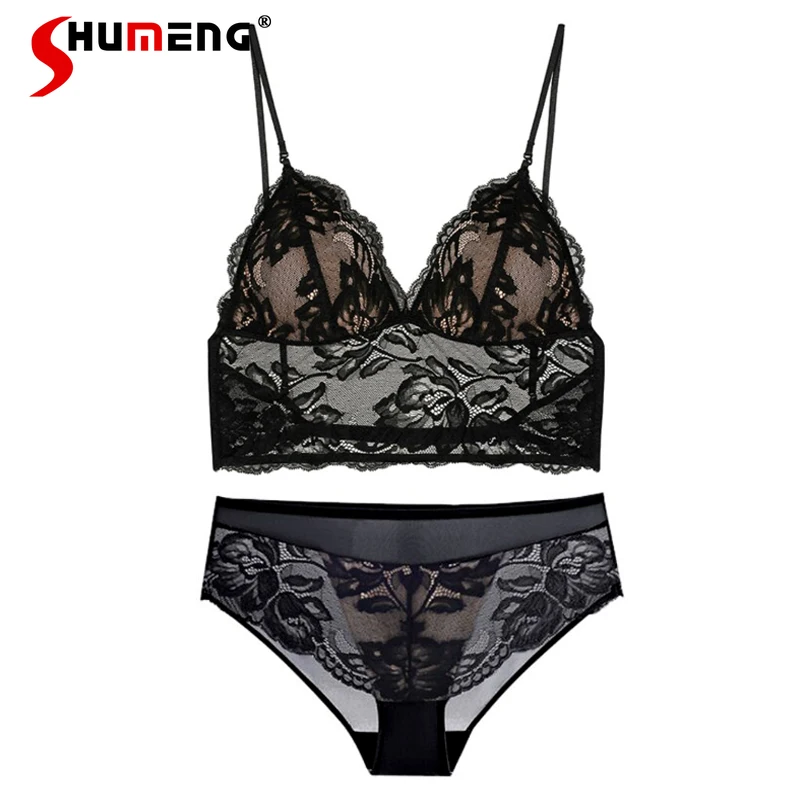 

Backless Vacation Lace Bra Set for Women French Style Sexy Triangle Cup Brief Suits Female Intimates Outfits Without Underwire