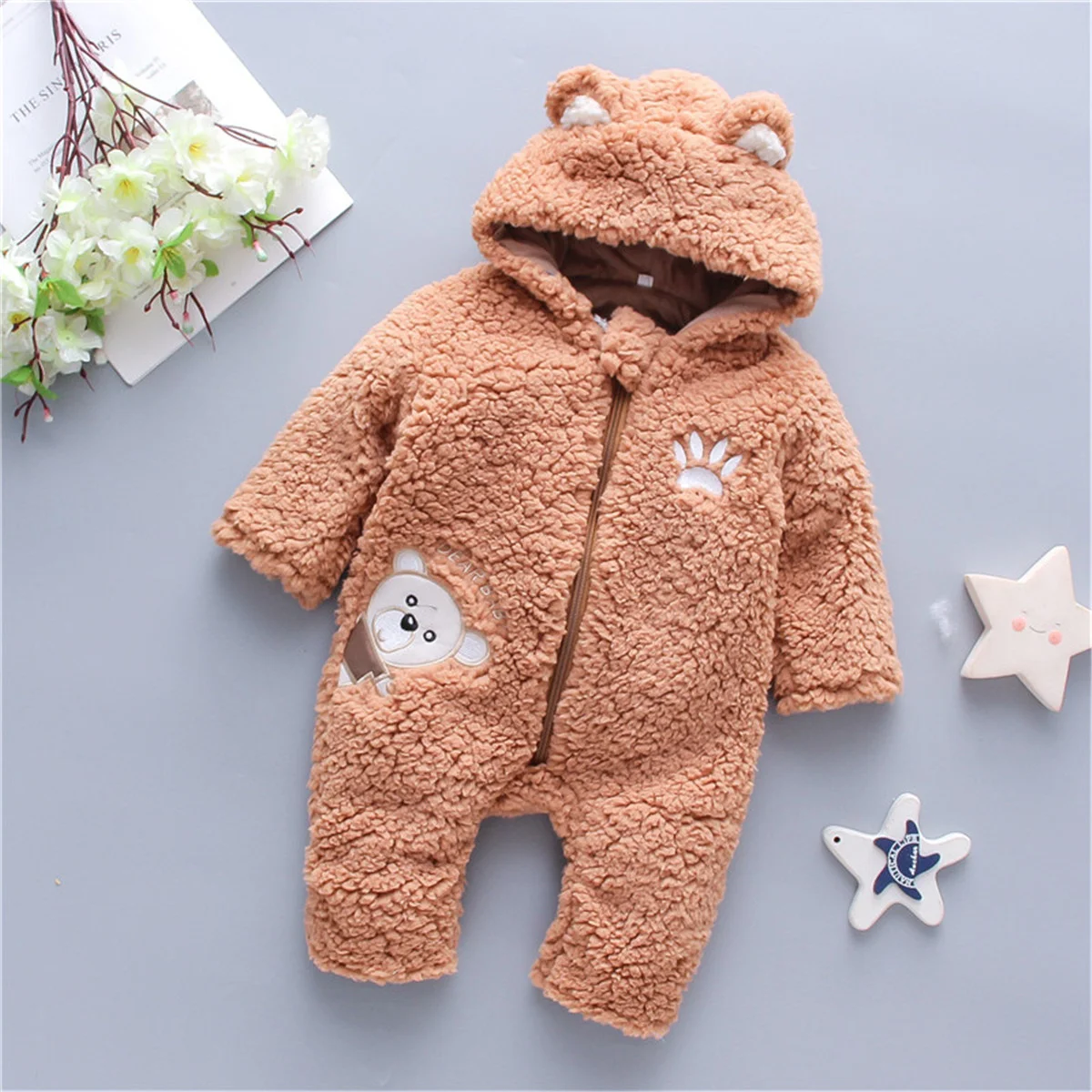 Baby Clothing Bodysuits Onesie Lamb Hair Cartoon Bear Embroidery Infant Boilersuit Winter Baby Long Sleeve Creeper Thickened