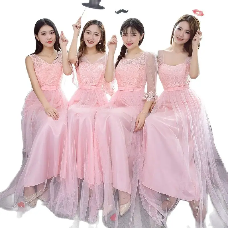 Fashion Long Pink Bridesmaid Dresses Lace Mesh Netting Sweet Birthday Gown Women Girl Bride Guest Wedding Party Dress