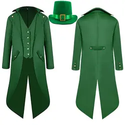 St Patrick's Day Costume for Men Steampunk Retro Cosplay Jacket Coat Hat Men Male Disguise Outfits Halloween Carnival Party Suit