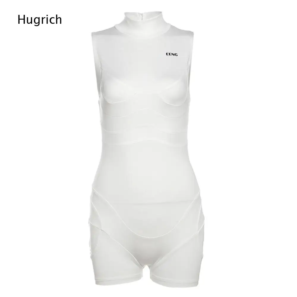 Back Zip Slim Fit Short Romper Women Solid White Sleeveless Mock Neck Wave Seam Body Shaping Bodysuit