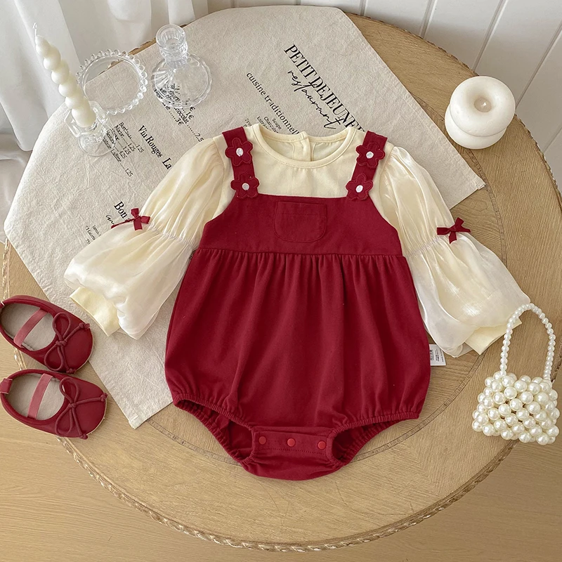 

New Autumn Baby Girl Romper Vintage Red Fake Two-Piece Bodysuit Flower Bow 0-2Yrs Baby Clothes Christmas Birthday Party Bodysuit