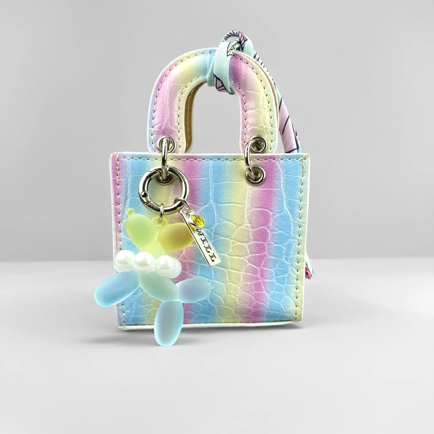 Mini PU-Leder Taschenanhänger, Regenbogenfarbene Mini-Tasche mit Farbverlauf-Ballonhund-Schlüsselanhänger-Set für Ohrhörer/Ladekabel/Geschenk – Detail 9