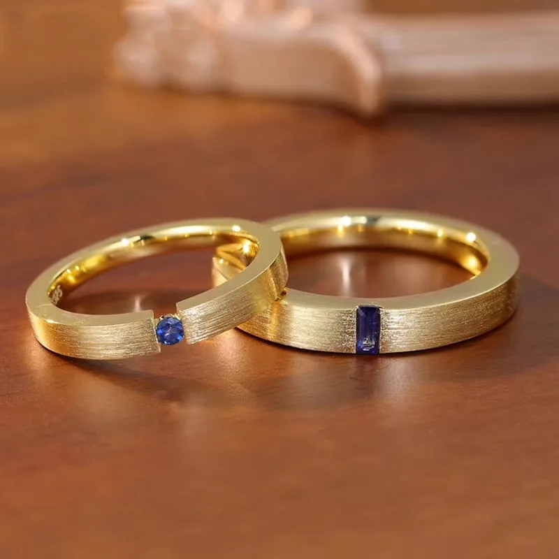 Santorini Love Sapphire Couple Ring Italian Handmade Brushed Inlaid Blue Sharp Crystal Gold Plated Men And Women's Pair Ring
