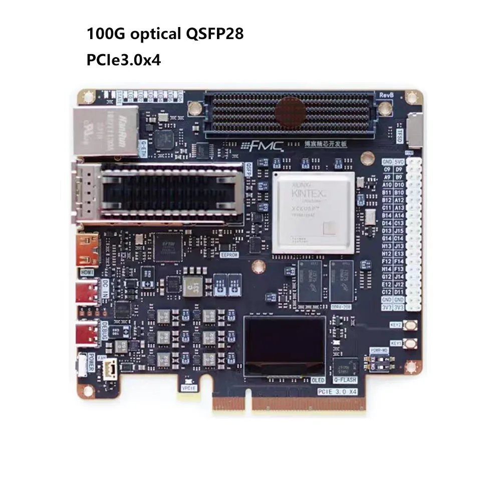 

FPGA PCIe Development Board Xilinx Kintex ultrascale+ XCKU5P with DDR4 PCIe3.0x4 100G optical QSFP28 FMC HPC Interface HDMI-comp