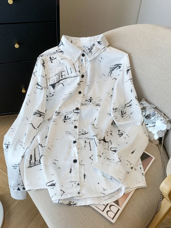 Fashionable Loose Silk Shirt Women's Spring Autumn Watercolor Graffiti Print High-End Lightweight Versatile Base Layer Top