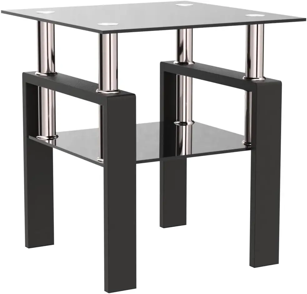 Glass Side Table 2-Tier Modern Glass Top Corner Table Living Room Side Table With Metal Leg For Living Room, Dining Room,