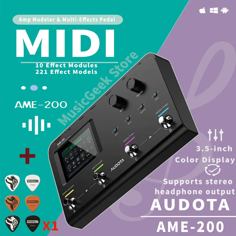 

AUDOTA AME-200 Multi-Effects Guitar Pedal, 200 Presets, 10 Modules, 50 Drums, Looper, USB OTG, Bluetooth, App Control, IR