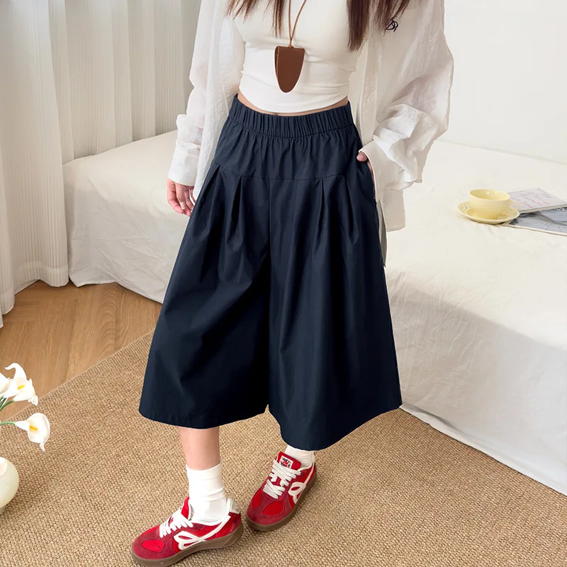 Wide Leg Shorts Baggy Three-quarter Pants for Women Preppy Style Pleated High Street Cargo Bottoms Culottes Y2k Oversize Pants