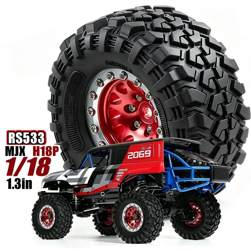 YSUN-1.3 Inch RC Beadlock Wheel & Tire Set RC Crawler Upgrade Parts For MJX H18P 1/18 For Ford Bronco RC Off-Road Truck Red view 3