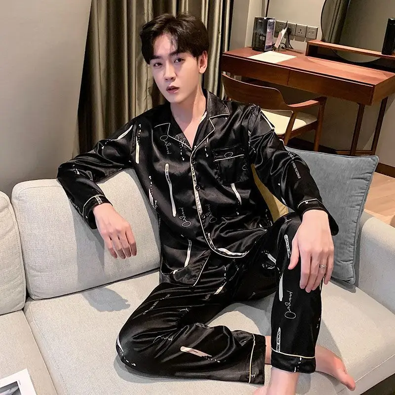 

5XL Plus Size Men's Satin Pajama Set Autumn Long Sleeve Sleepwear Button-Down Pj Two-piece Loungewear with Long Pants Homesuit