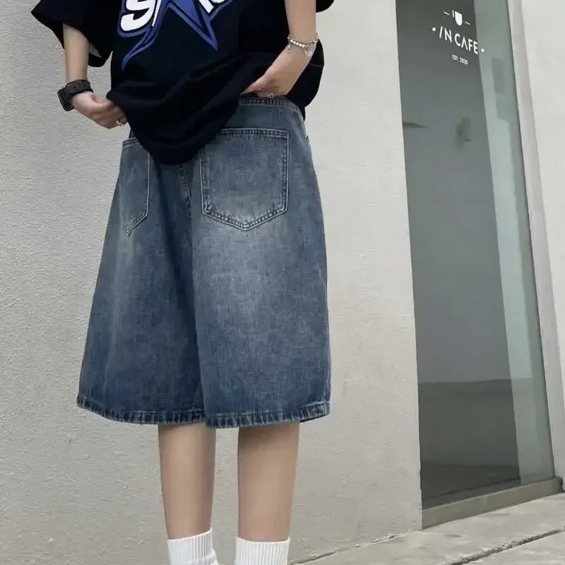 High Street Retro Blue Jeans Shorts Women Summer New Baggy Wide Leg Denim Half Pants Fashion Streetwear Y2k Clothing Oversize