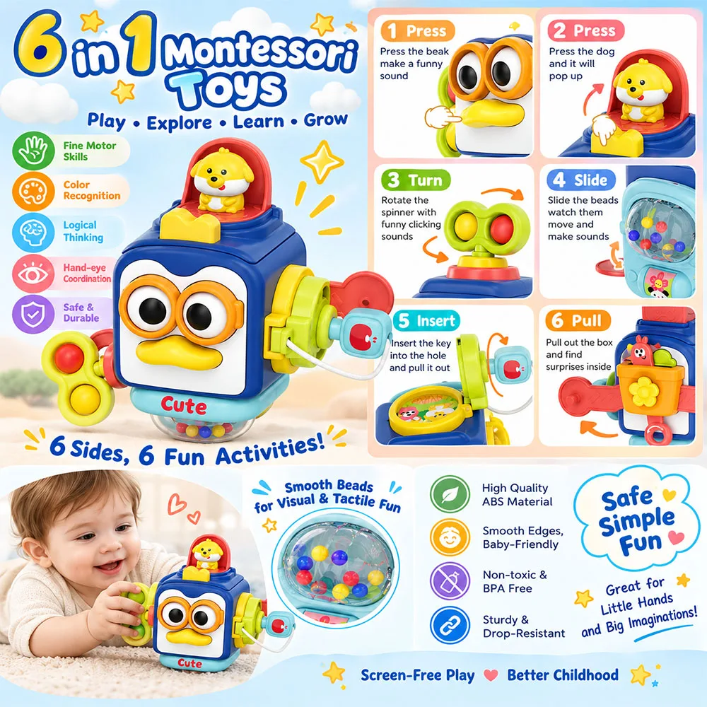 6-in-1 Busy Cube Sensory Activity Toy Interactive Fine Motor Skills Toy with Spin Slide Twist Activities for Babies Toddlers
