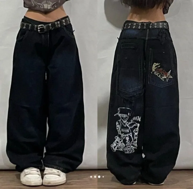 

2025 American Fashion New Black Oversized Cartoon Print Casual Jeans Women Y2K Punk Hip Hop Popular Baggy Gothic Wide-leg Pants