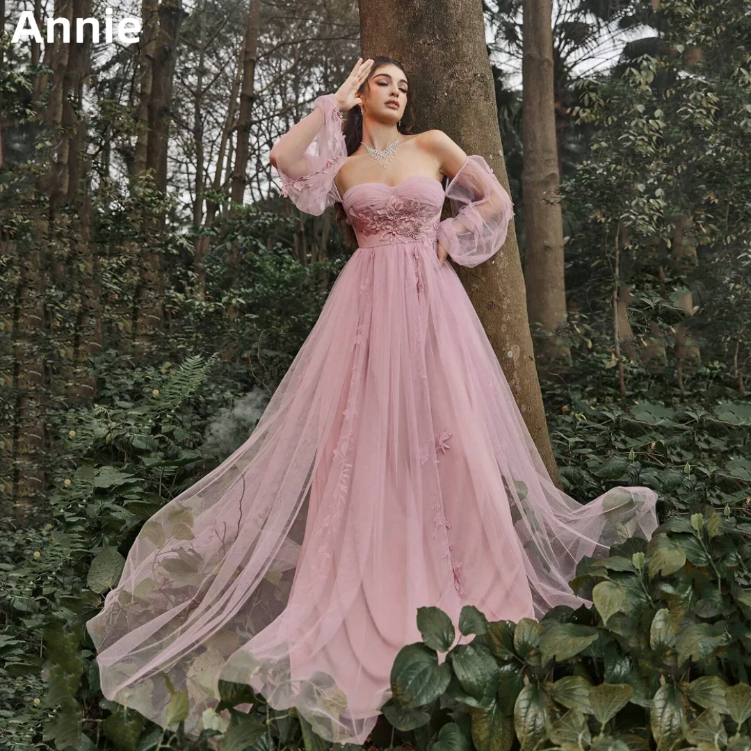 

Annie Sweetheart Pink Prom Dresses Off-shoulder Puff Sleeve Tulle Evening Dresses Formal Wedding Party Dress فساتين سهرة