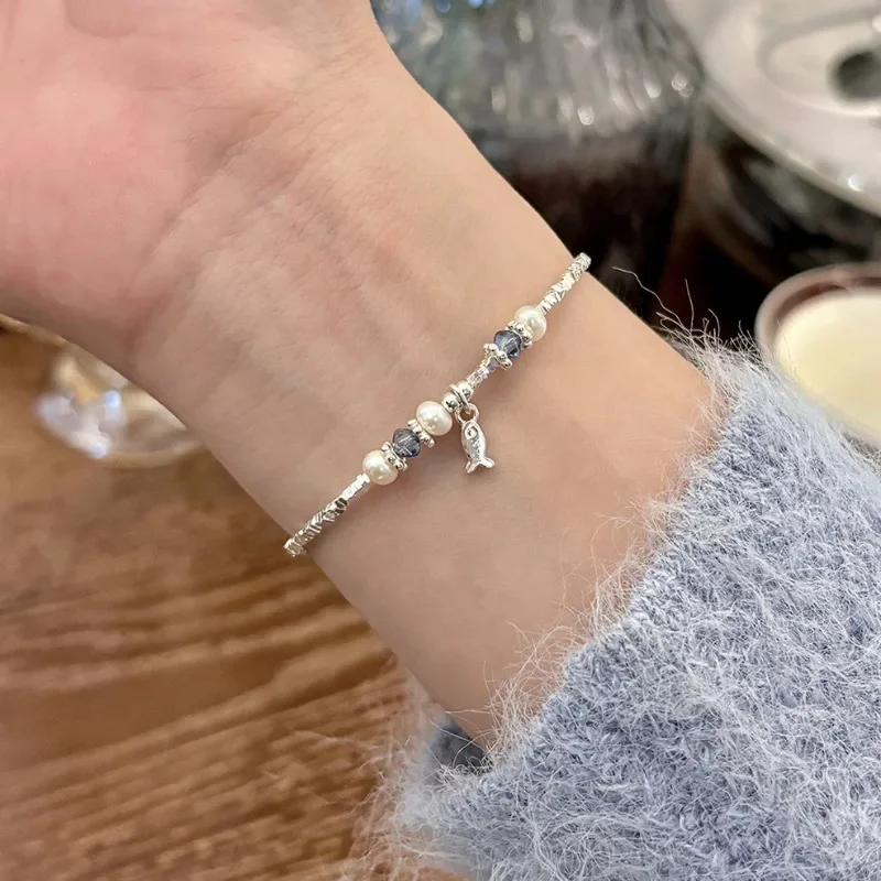 

925 Sterling Silver Charming Geometric Broken Silver Bead Fish Bracelet for Women Fine Jewelry Minimalist Accessories Wholesale