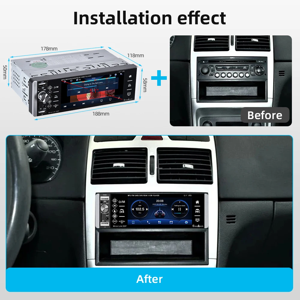 Podofo 1din MP5 Player Touch Car Radio FM 4-USB 5.1 Inches Support Android Mirrorlink Bluetooth Carplay Autoradio DVR