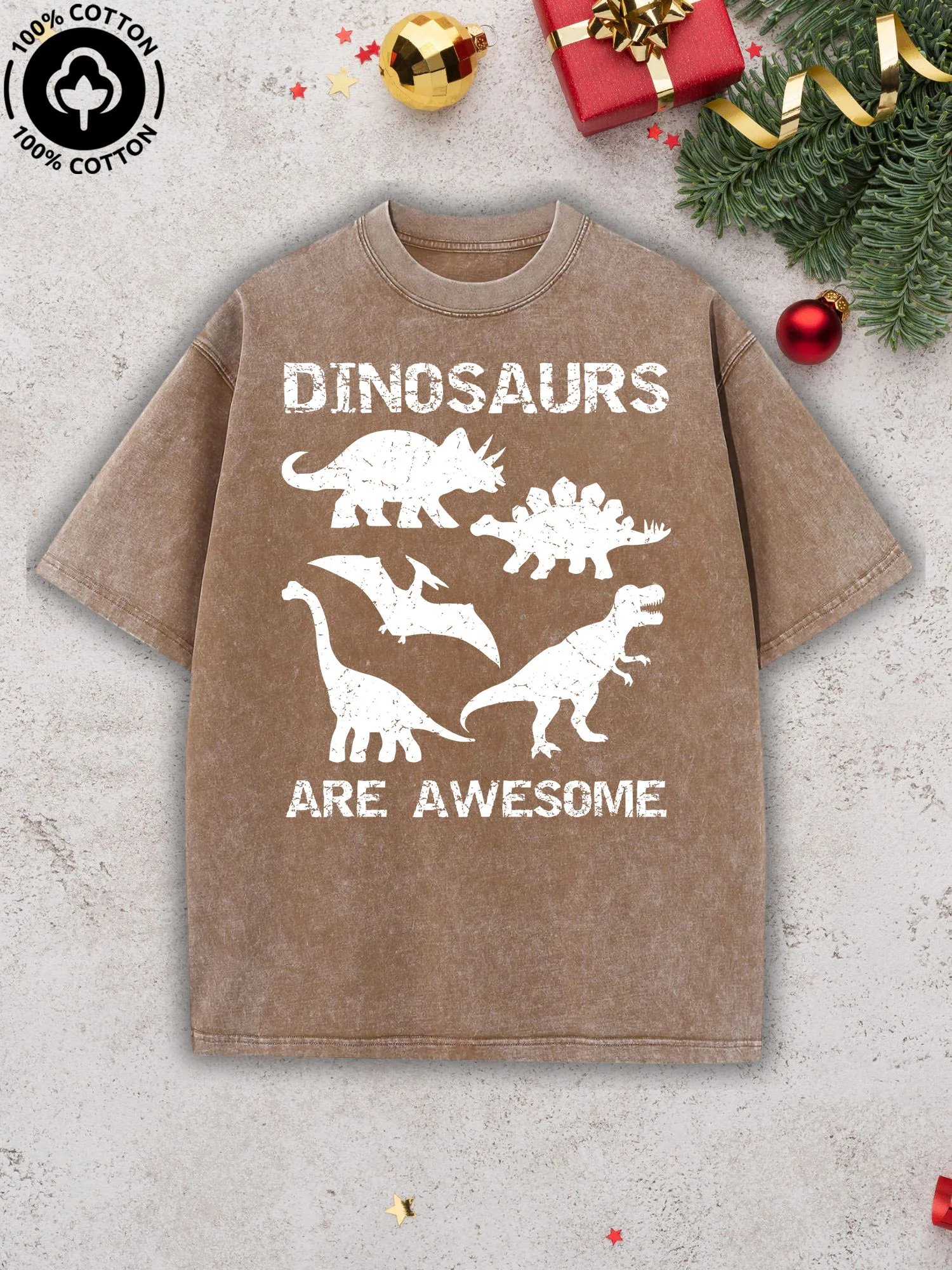 

Dinosaurs Are Awesome Men's Graphic Tee, Pure Cotton Vintage Camel T-Shirt, Retro Street Drop Shoulder Tee