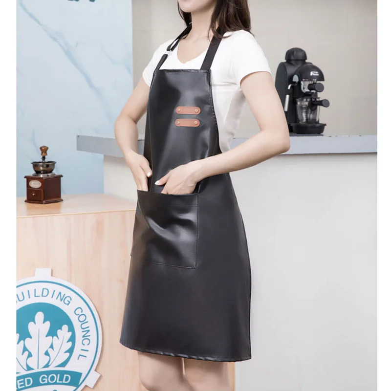 PU Leather Waterproof and Oil Resistant Apron Kitchen Workwear Home Cooking Cleaning Unisex Sleeveless Apron Adjustable