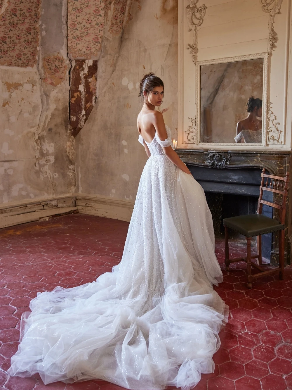 Romantic Soft Off-the-Shoulder Wedding Dress Flowy Sequin Beaded A Line With Lightweight Train Customized Dreamy Bridal Gown